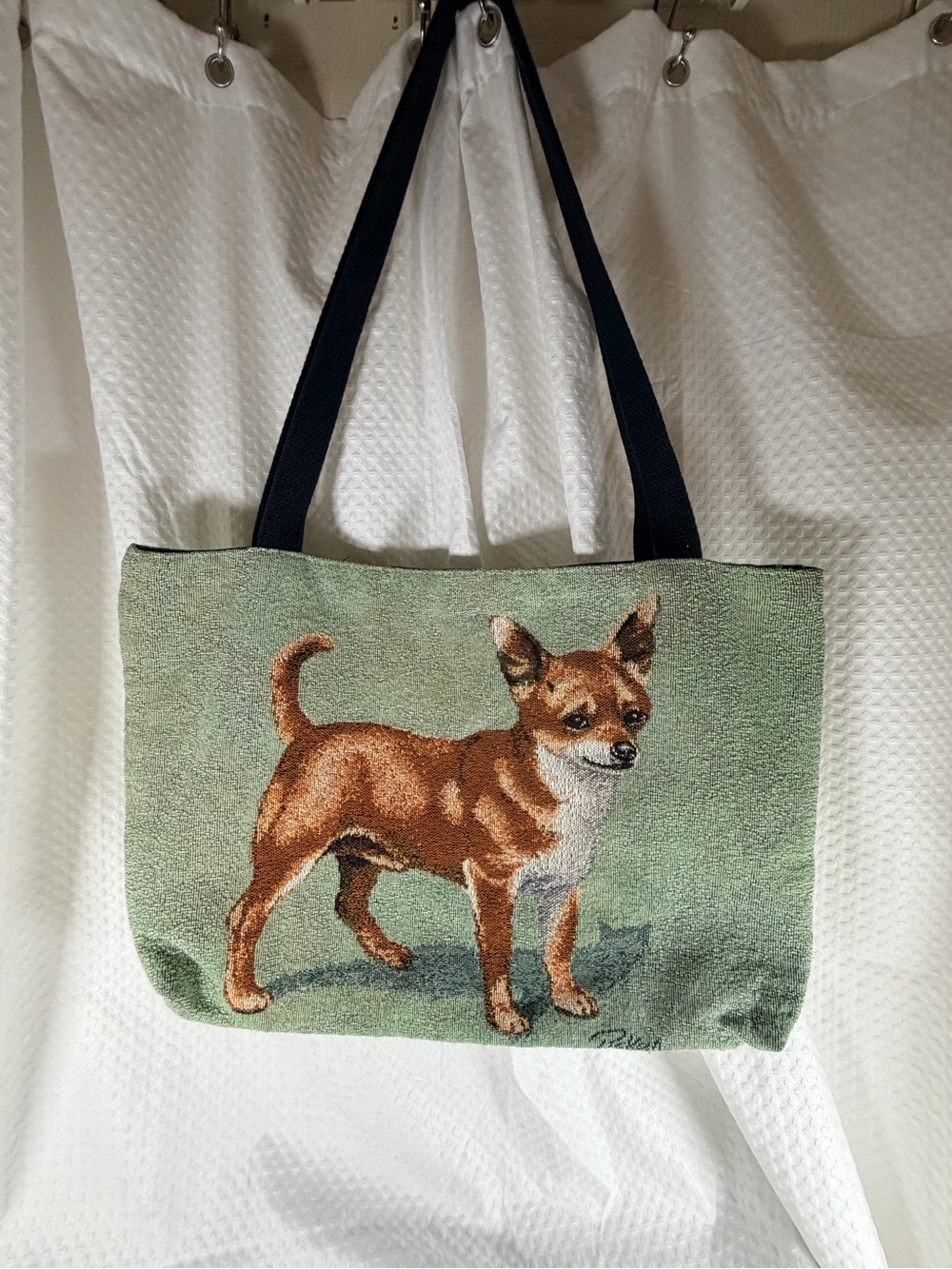 Vintage Linda Picken Woven Tapestry Chihuahua Tote Bag